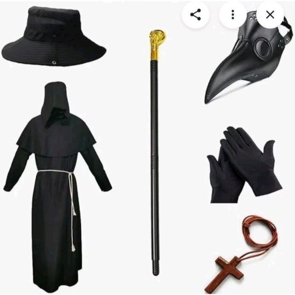 NEW Plague Doctor Costume Set Robe Mask Cross Cane Hat Complete Size L Unisex
